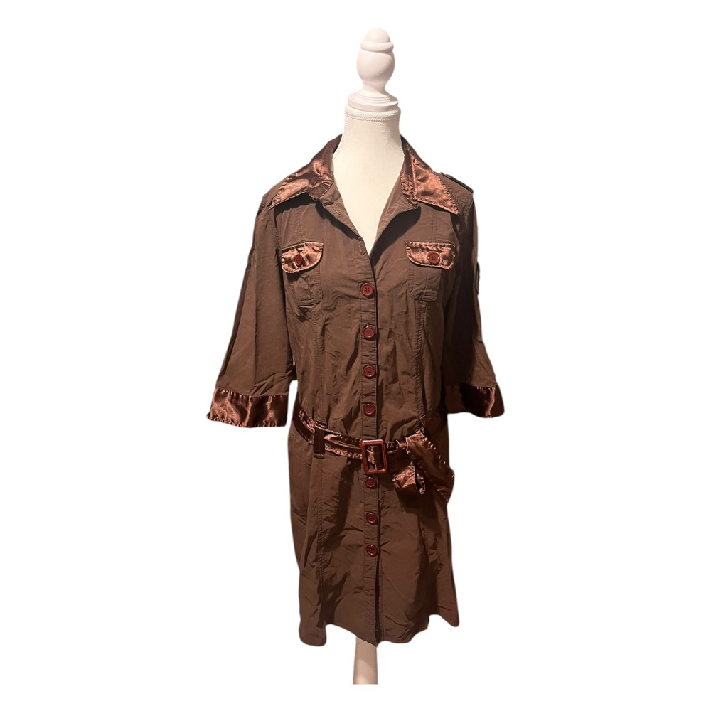 Brown Utility Shirt Dress Belted Satin Trim Workwear Minimal Toko Collection 42